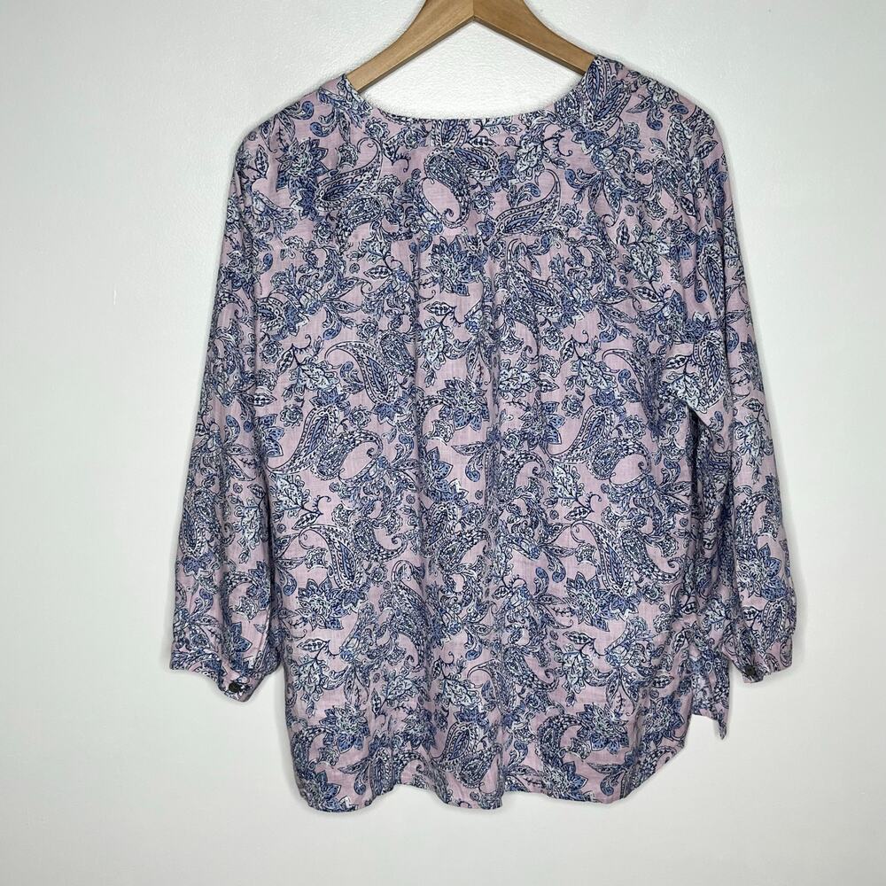 J. Jill Love Linen Popover Top Womens Large Pink Purple Paisley Floral V Neck - Picture 7 of 9